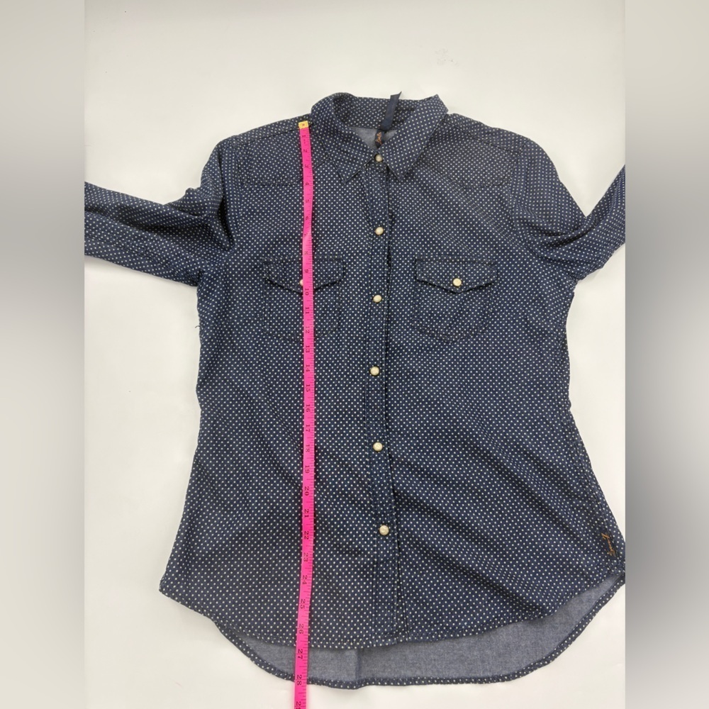 7 For All Mankind Navy Polkadot Button Up Shirt with Pearl Buttons - Picture 8 of 9